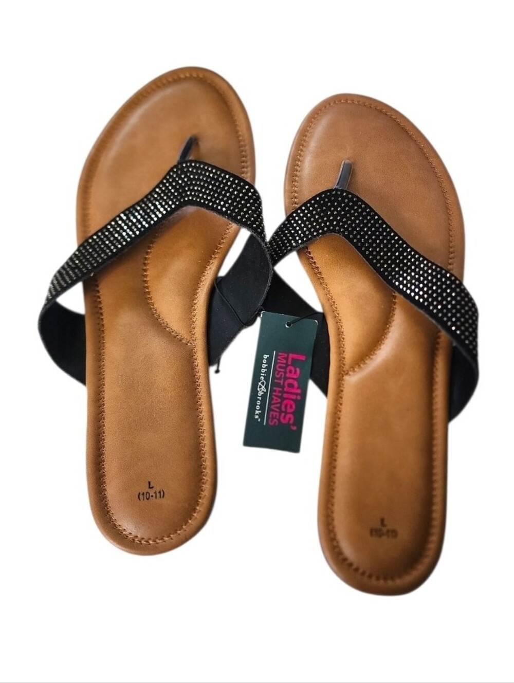 Bobbie Brooks Black Rhinestone T-Strap Thong Sandals, Size Lg 10/11